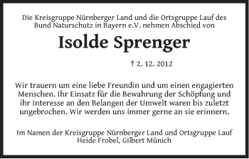Traueranzeige von Isolde Sprenger von Pegnitz-Zeitung